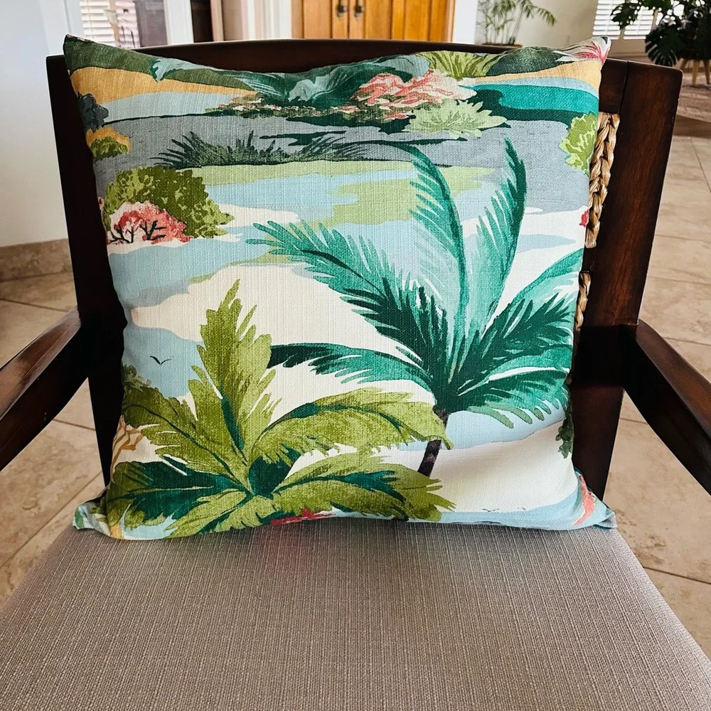 NWOT Tropical Beachy Palm Print Decorative Pillow - Green, Blue and Teal Colors